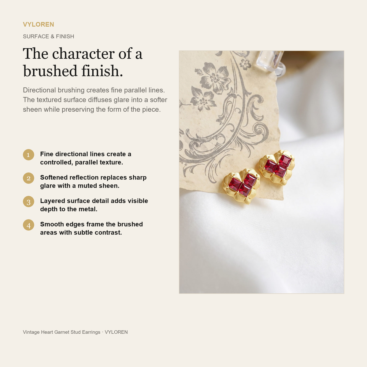 VYLOREN Vintage Heart Garnet Stud Earrings brushed finish card