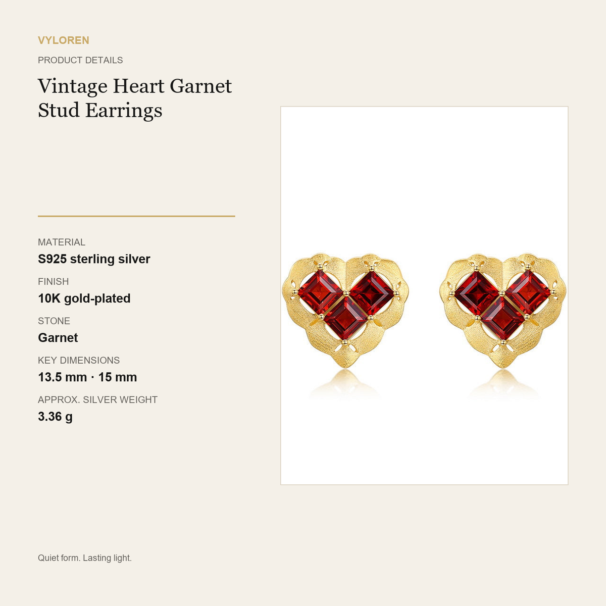 VYLOREN Vintage Heart Garnet Stud Earrings product details card