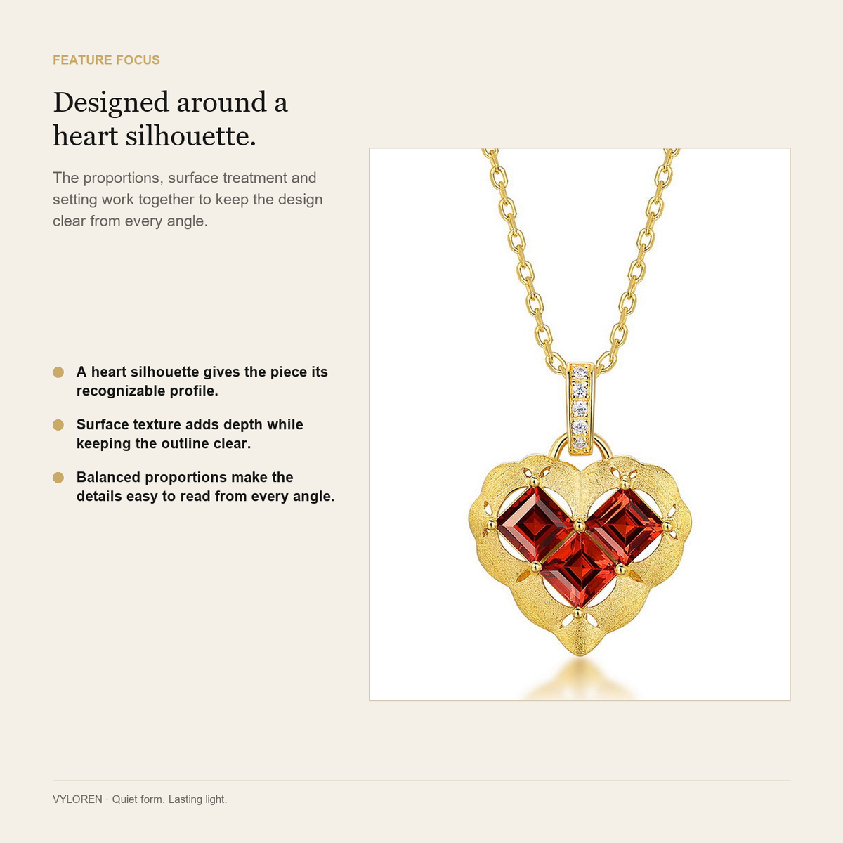 VYLOREN Heart Garnet Pendant Necklace feature focus card