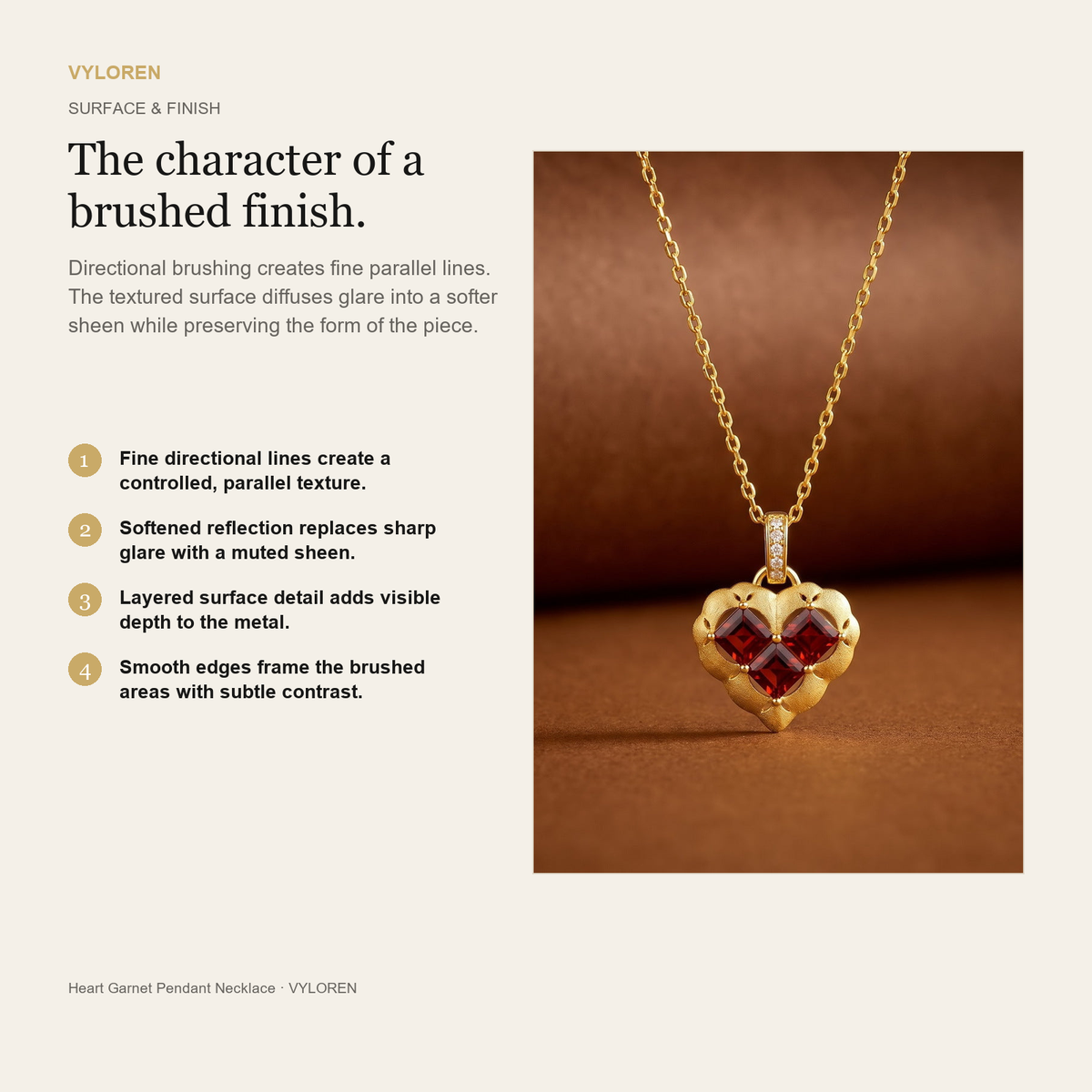 VYLOREN Heart Garnet Pendant Necklace brushed finish card