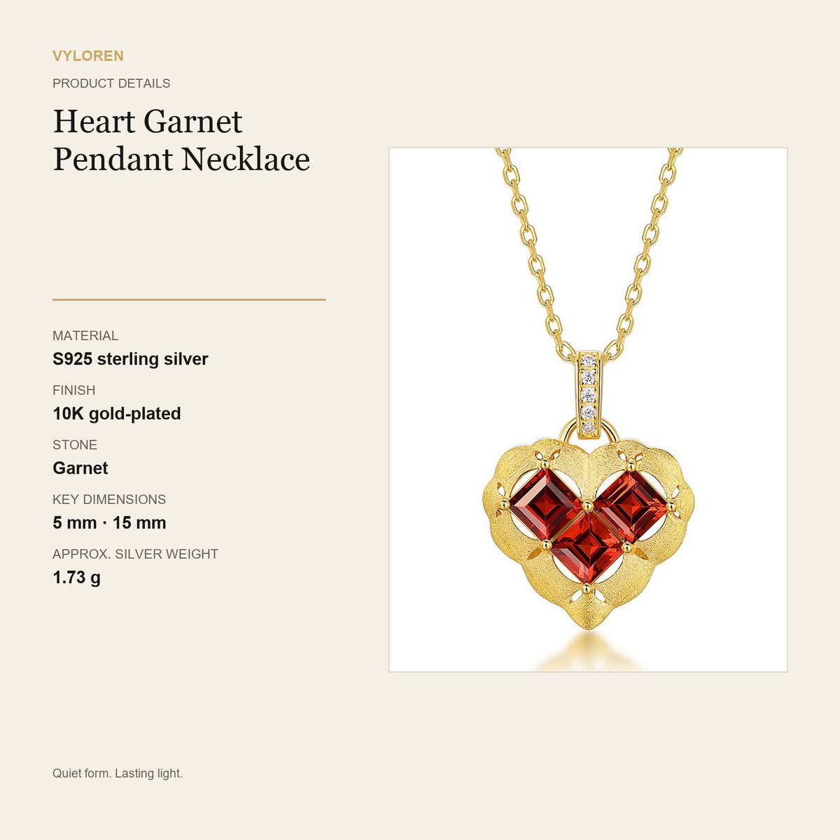 VYLOREN Heart Garnet Pendant Necklace product details card
