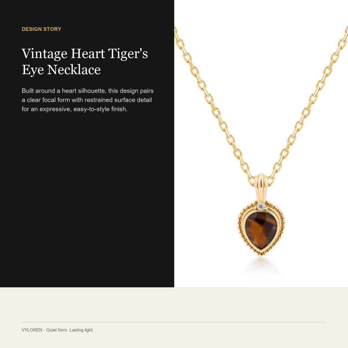 VYLOREN Vintage Heart Tiger's Eye Necklace design story card