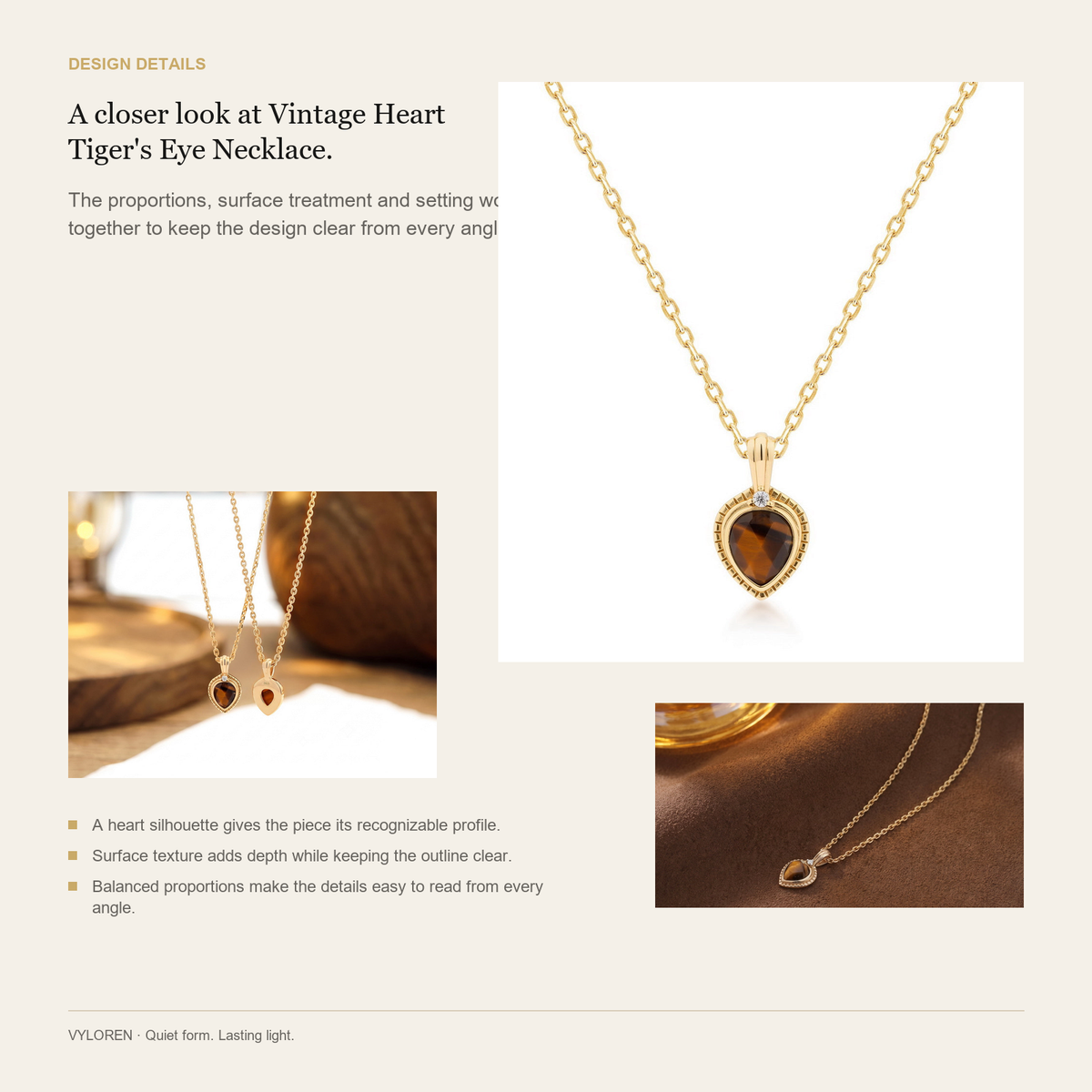 VYLOREN Vintage Heart Tiger's Eye Necklace design details card