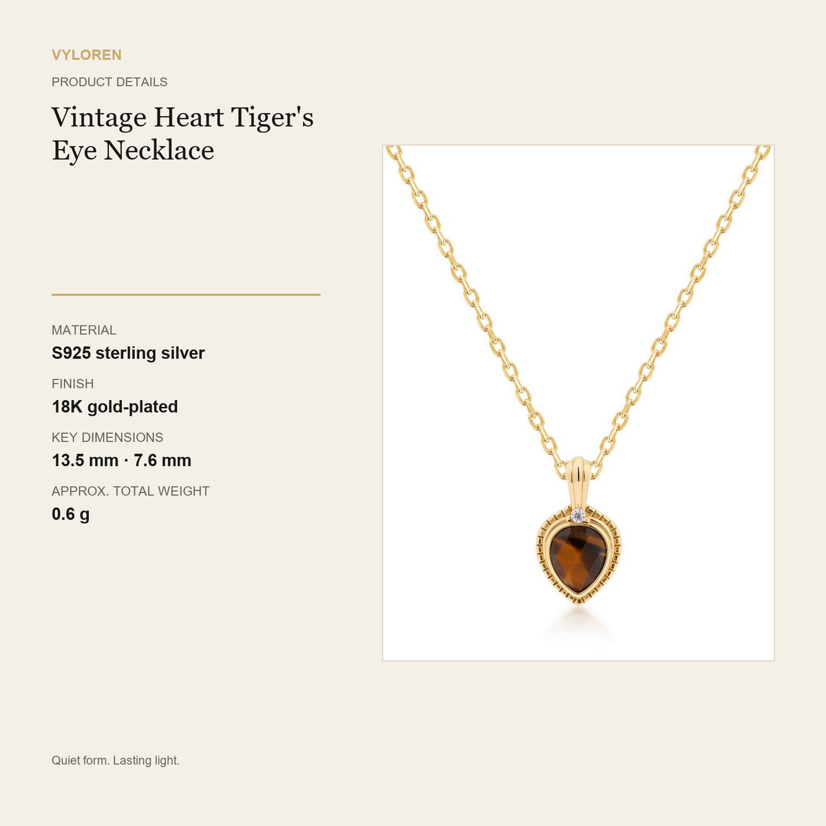 VYLOREN Vintage Heart Tiger's Eye Necklace product details card