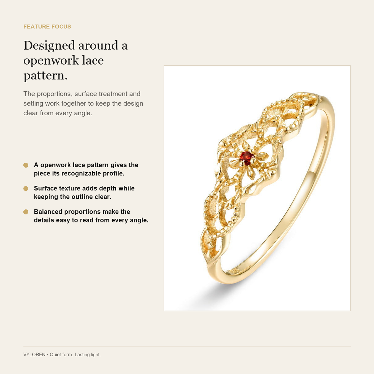 VYLOREN Vintage Lace Garnet Ring feature focus card
