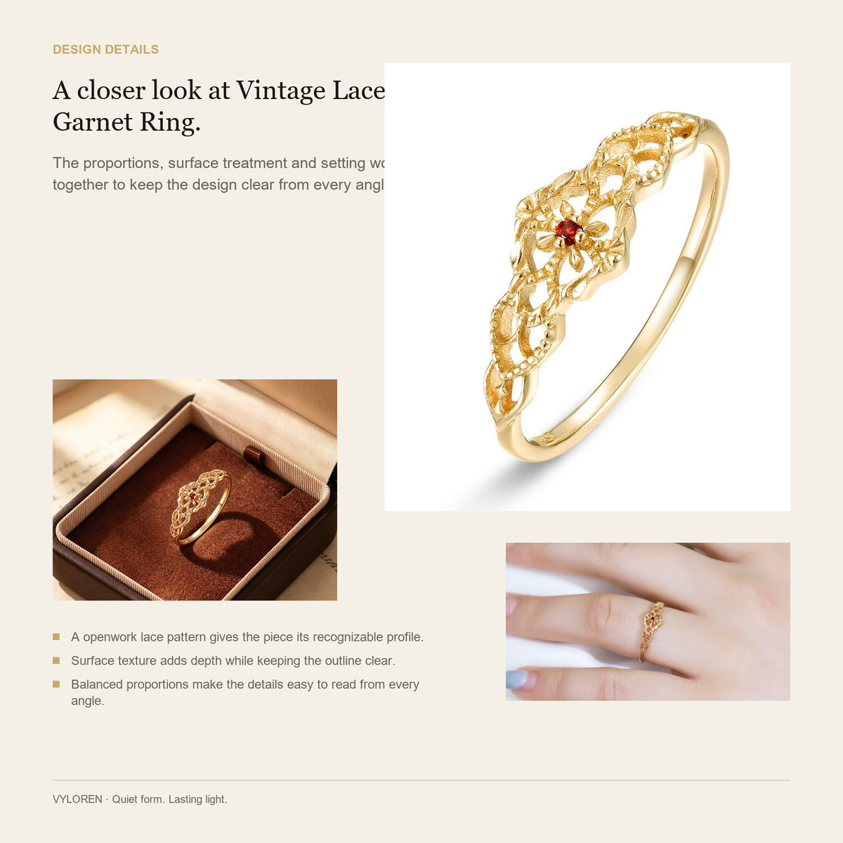 VYLOREN Vintage Lace Garnet Ring design details card