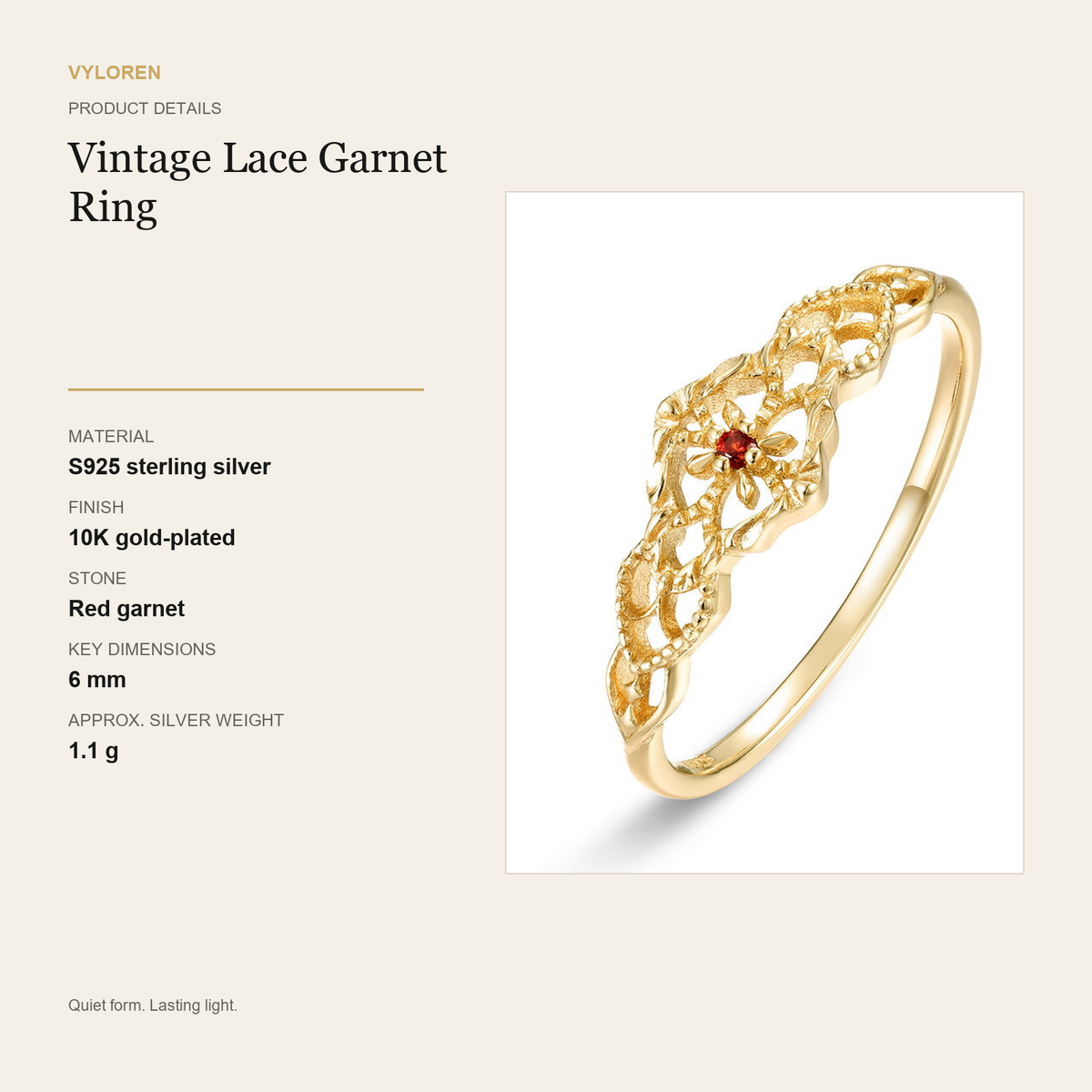 VYLOREN Vintage Lace Garnet Ring product details card