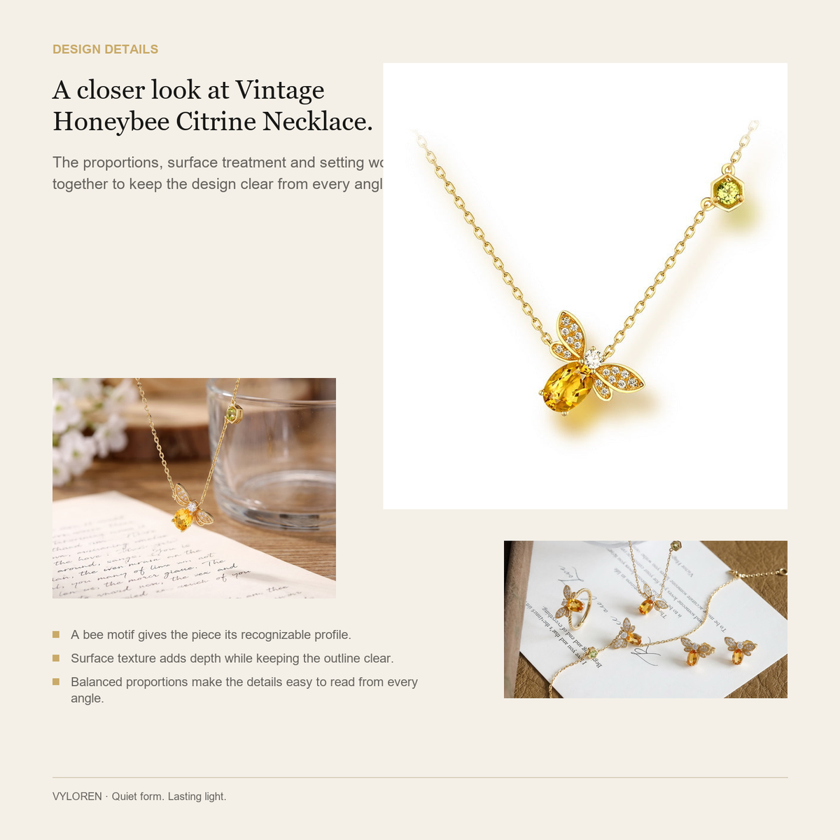 VYLOREN Vintage Honeybee Citrine Necklace design details card
