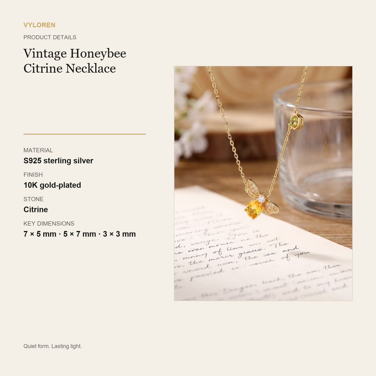 VYLOREN Vintage Honeybee Citrine Necklace product details card