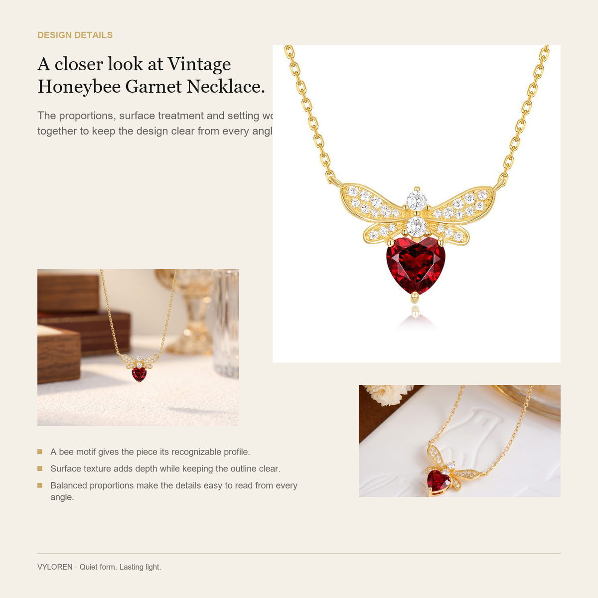 VYLOREN Vintage Honeybee Garnet Necklace design details card