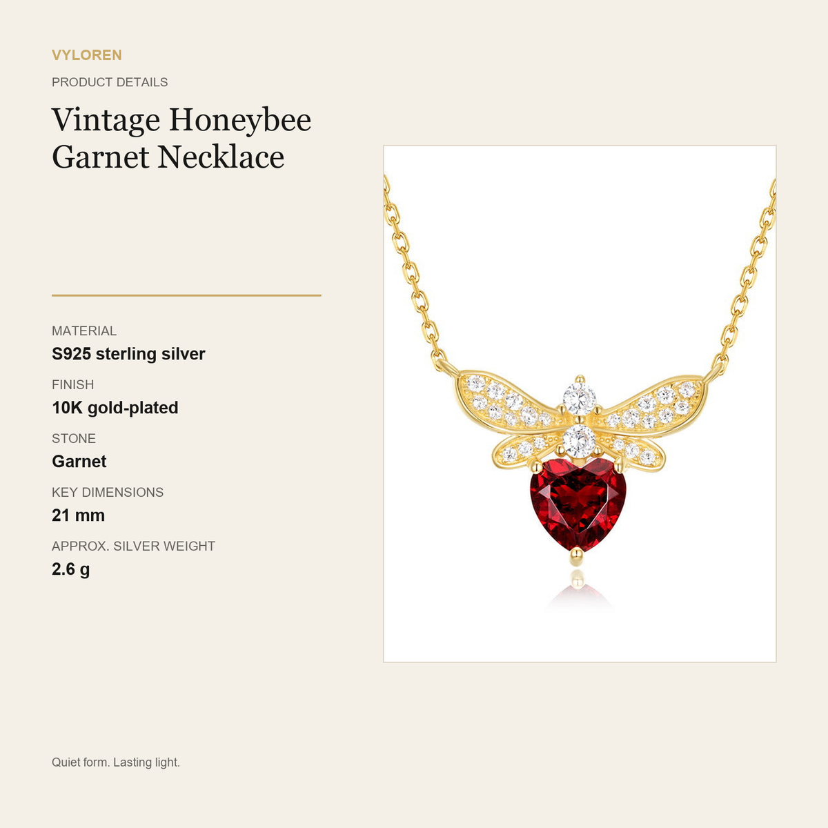 VYLOREN Vintage Honeybee Garnet Necklace product details card