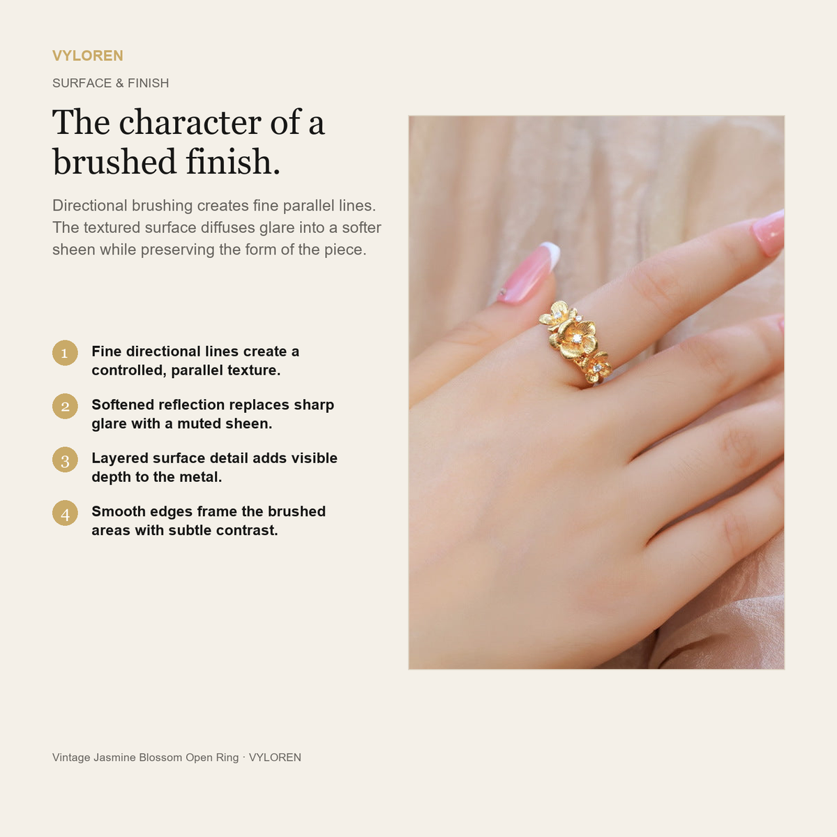 VYLOREN Vintage Jasmine Blossom Open Ring brushed finish card