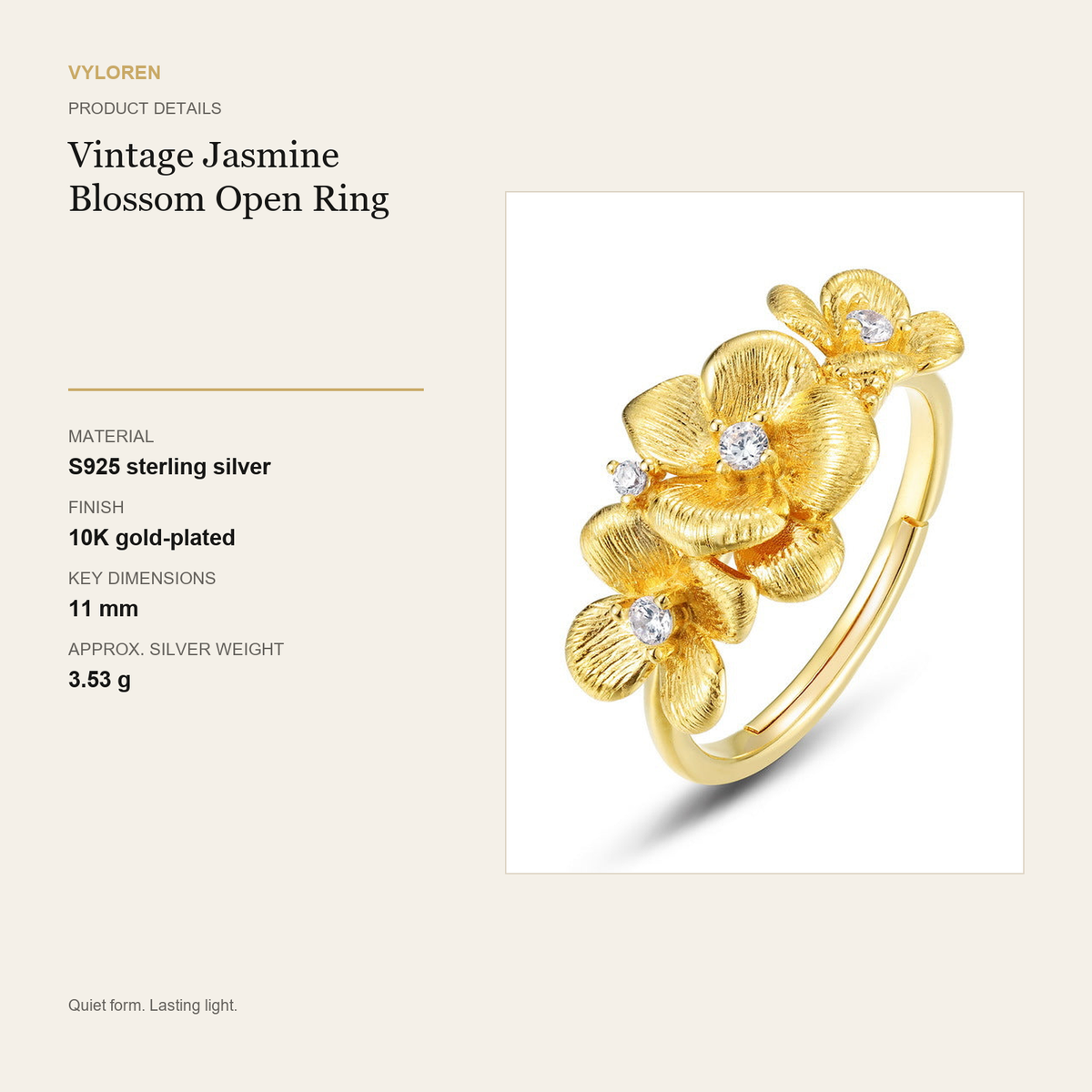 VYLOREN Vintage Jasmine Blossom Open Ring product details card