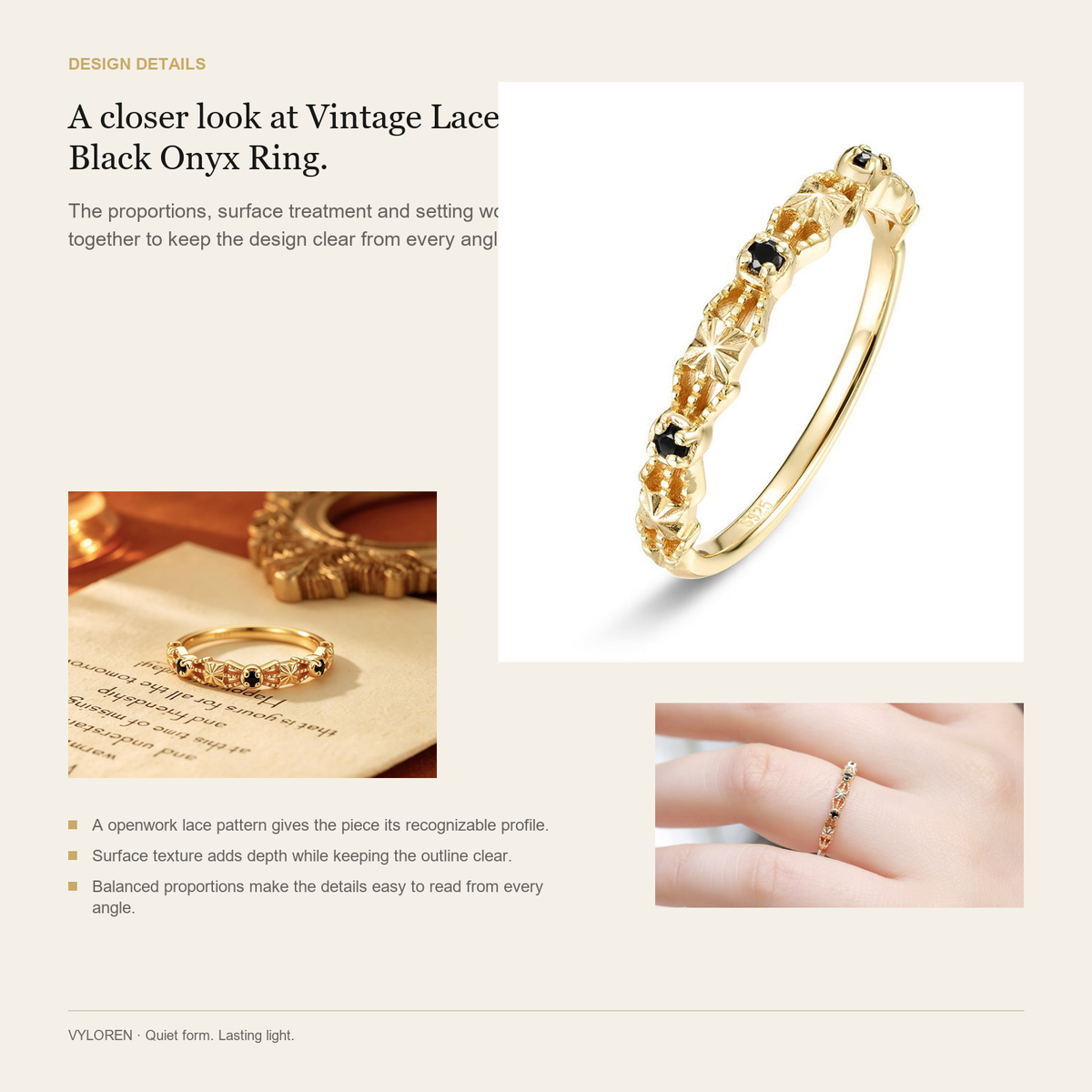 VYLOREN Vintage Lace Black Onyx Ring design details card