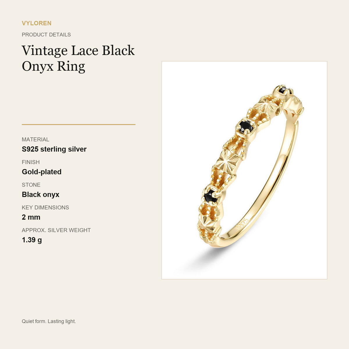 VYLOREN Vintage Lace Black Onyx Ring product details card