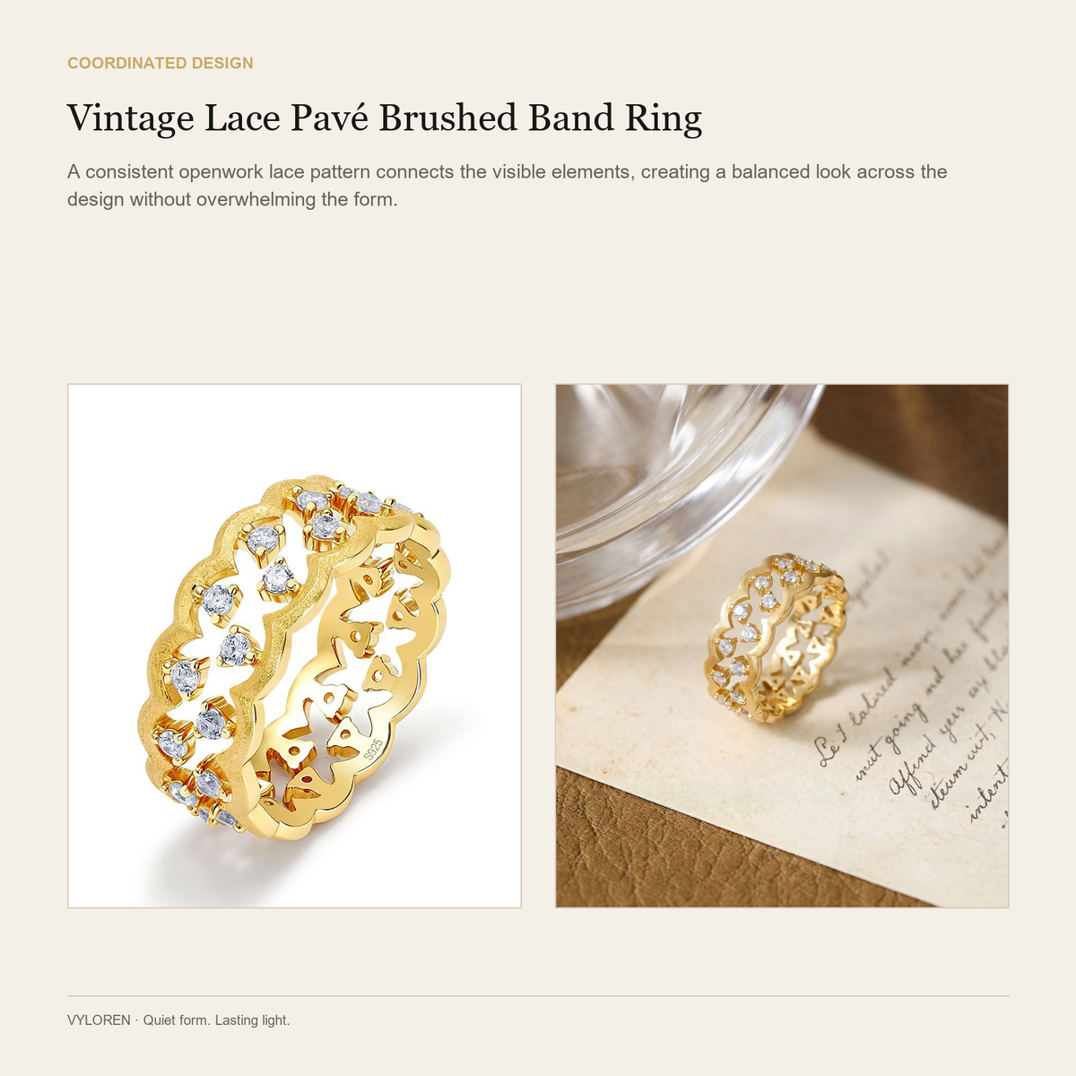 VYLOREN Vintage Lace Pavé Brushed Band Ring coordinated design card