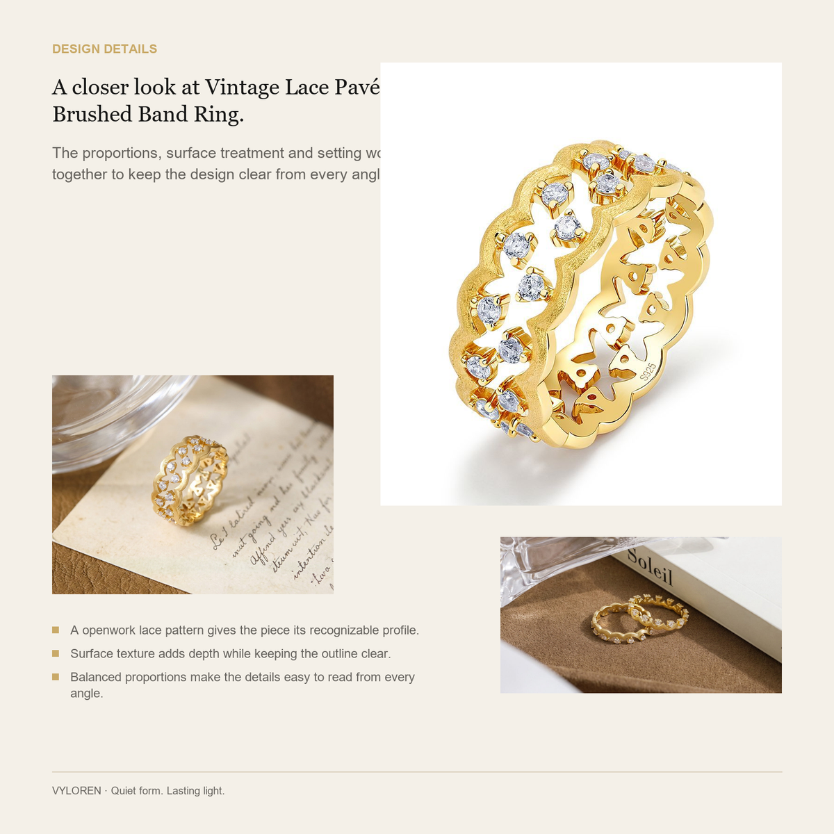 VYLOREN Vintage Lace Pavé Brushed Band Ring design details card