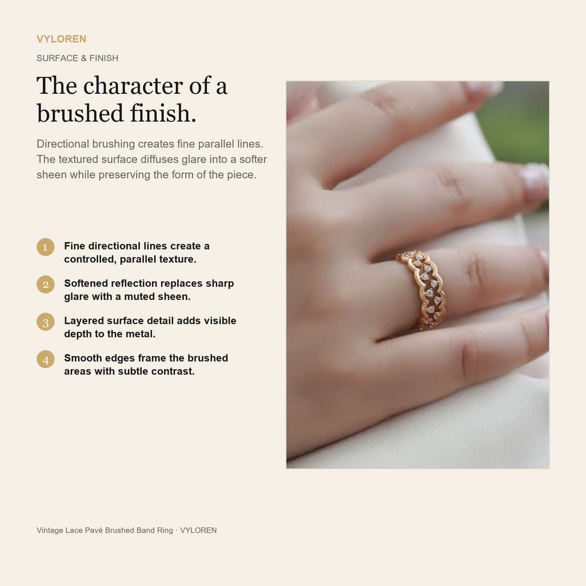 VYLOREN Vintage Lace Pavé Brushed Band Ring brushed finish card