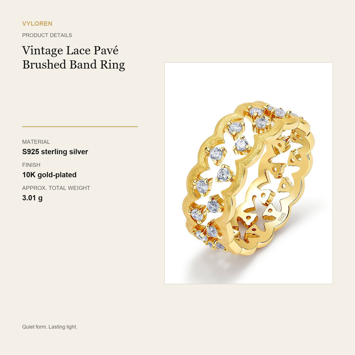 VYLOREN Vintage Lace Pavé Brushed Band Ring product details card