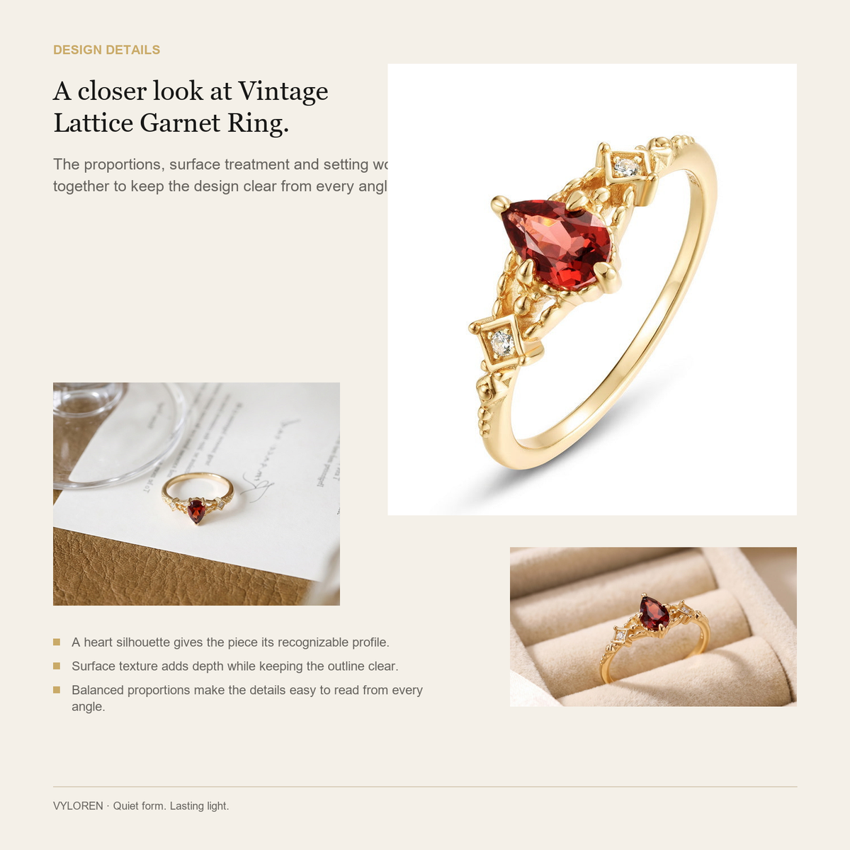 VYLOREN Vintage Lattice Garnet Ring design details card
