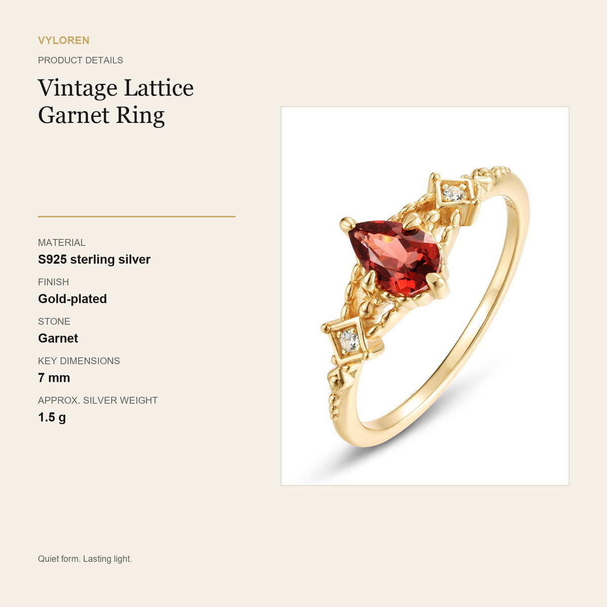 VYLOREN Vintage Lattice Garnet Ring product details card