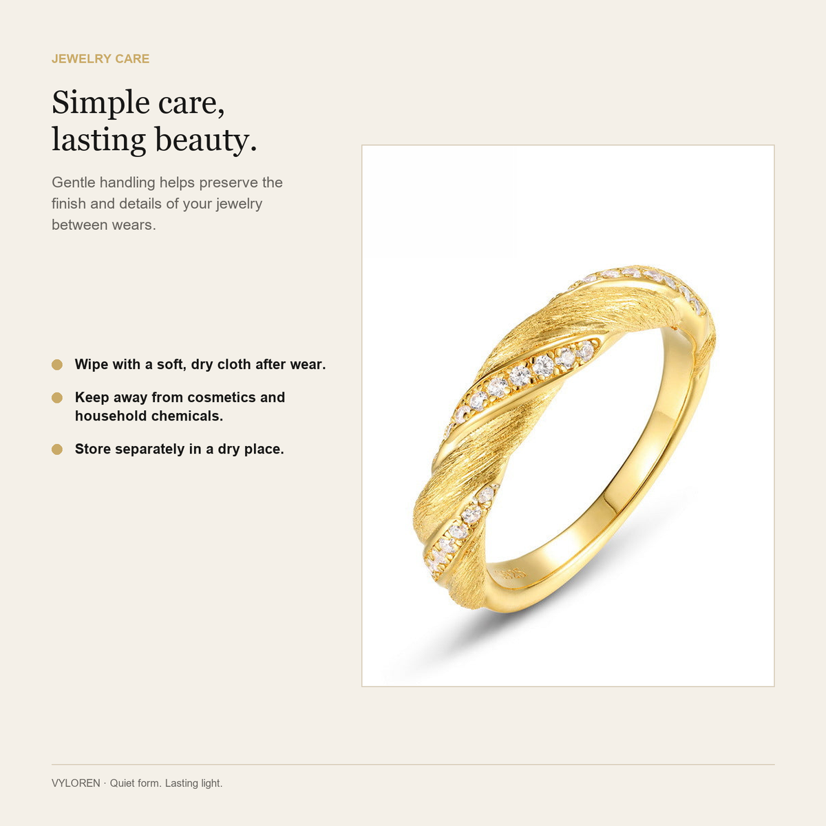 VYLOREN Möbius Brushed Ring jewelry care card