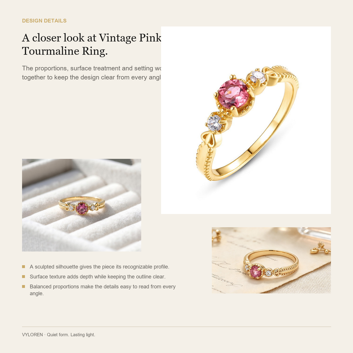 VYLOREN Vintage Pink Tourmaline Ring design details card