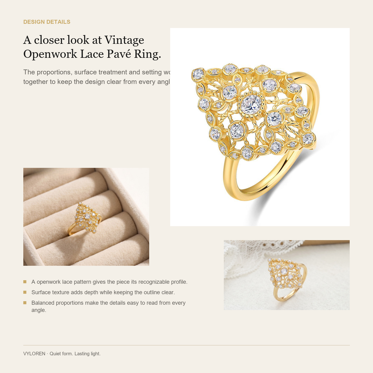 VYLOREN Vintage Openwork Lace Pavé Ring design details card