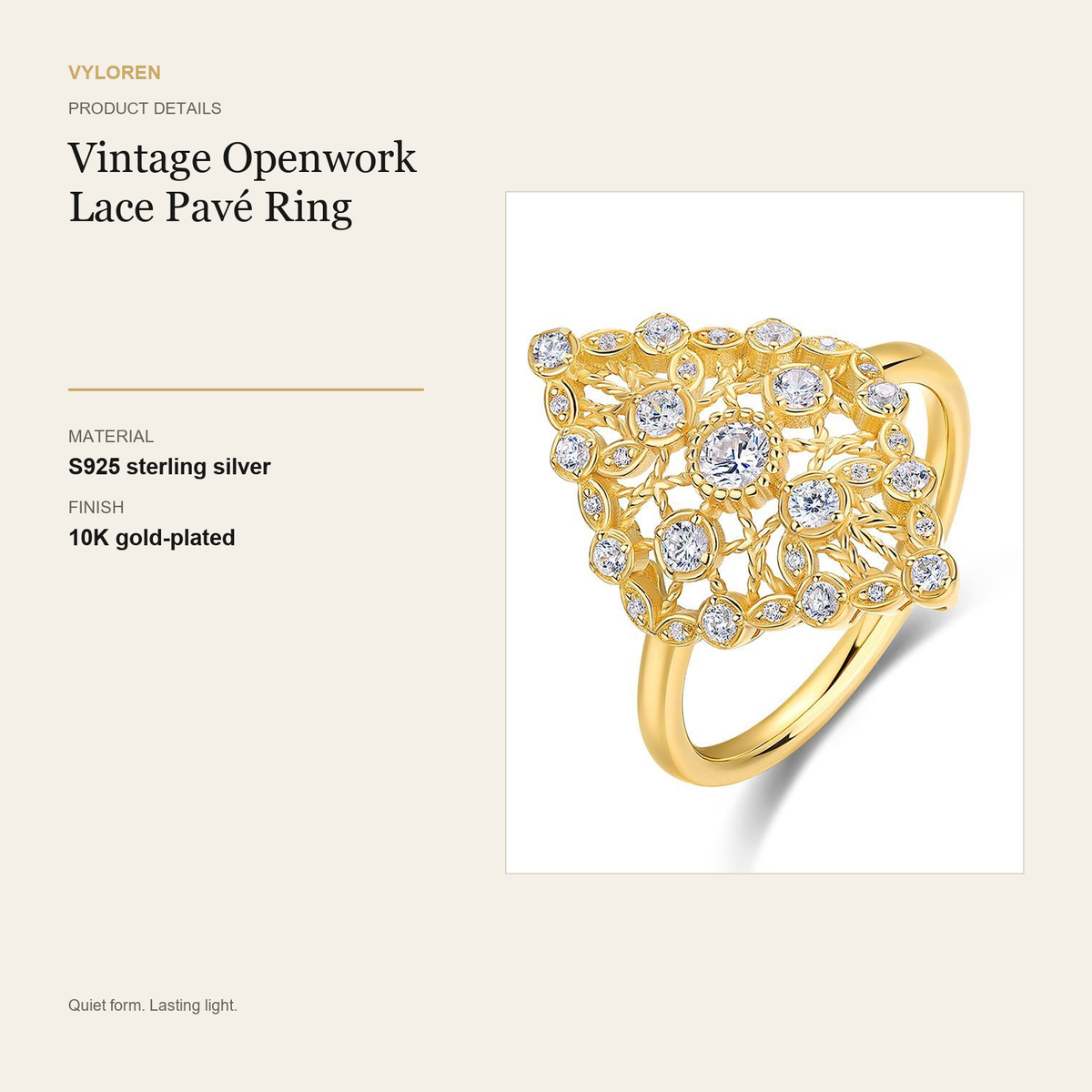 VYLOREN Vintage Openwork Lace Pavé Ring product details card