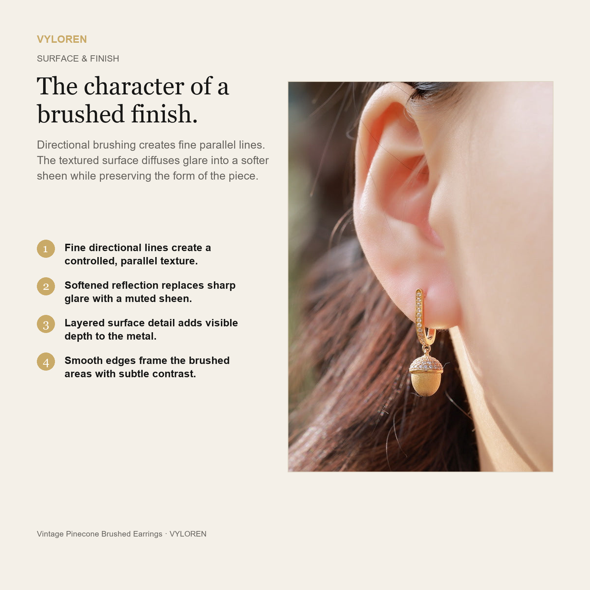 VYLOREN Vintage Pinecone Brushed Earrings brushed finish card