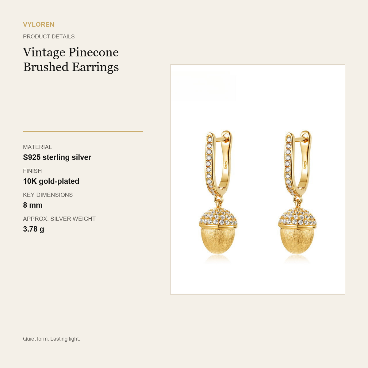 VYLOREN Vintage Pinecone Brushed Earrings product details card