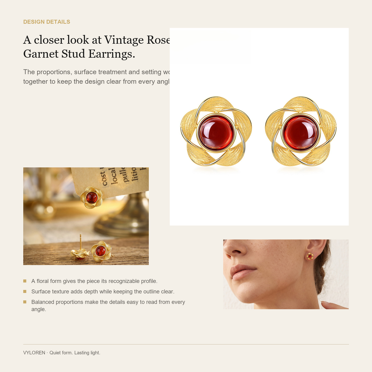 VYLOREN Vintage Rose Garnet Stud Earrings design details card