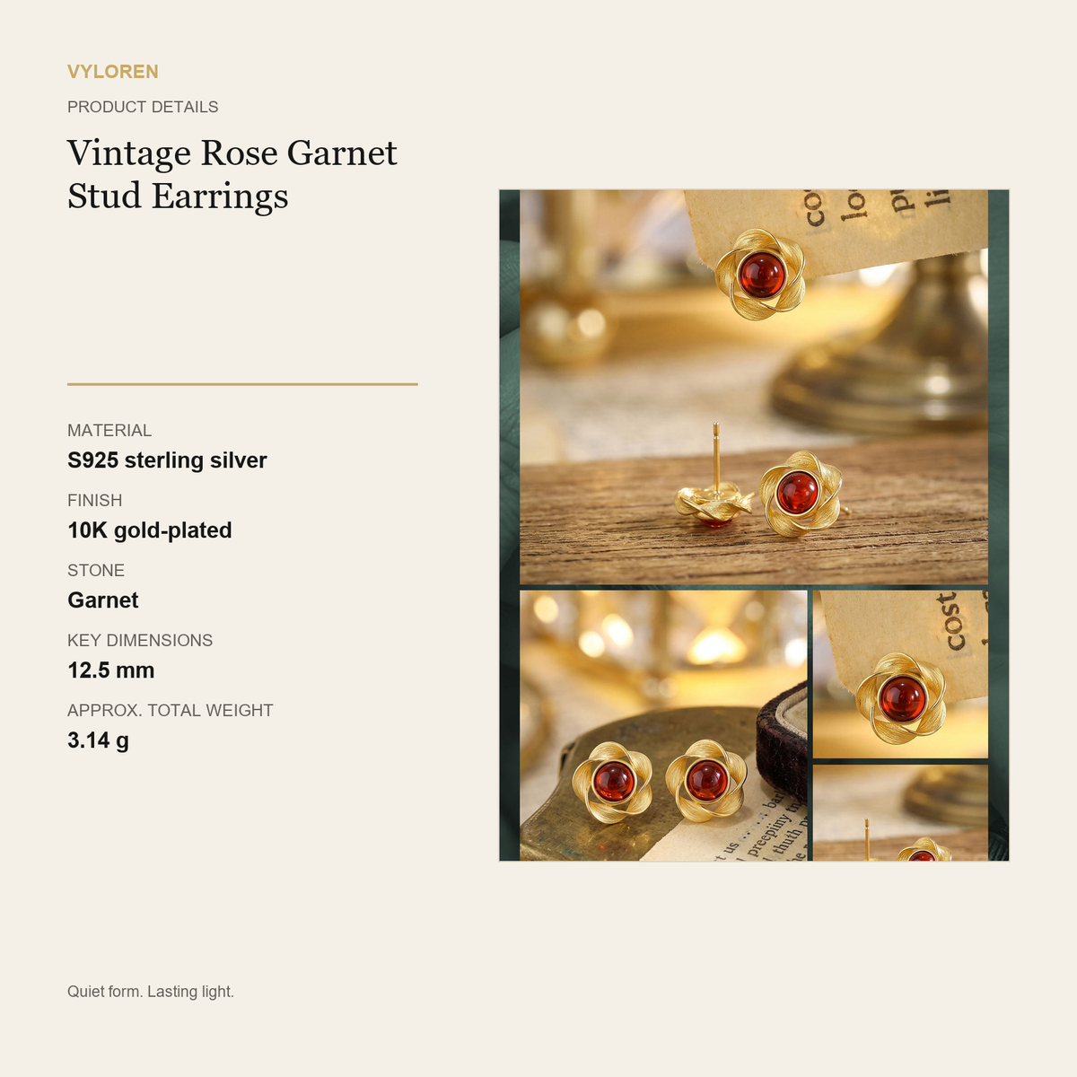 VYLOREN Vintage Rose Garnet Stud Earrings product details card