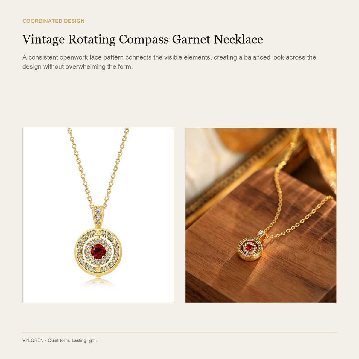 VYLOREN Vintage Rotating Compass Garnet Necklace coordinated design card