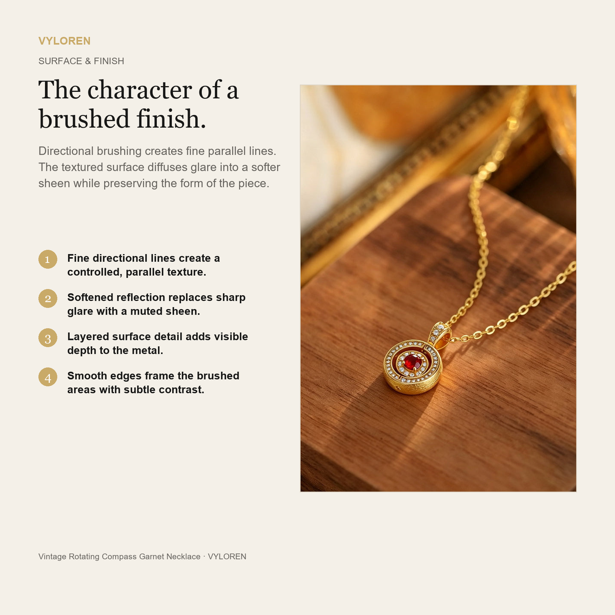 VYLOREN Vintage Rotating Compass Garnet Necklace brushed finish card