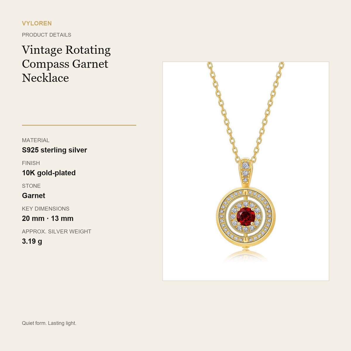 VYLOREN Vintage Rotating Compass Garnet Necklace product details card