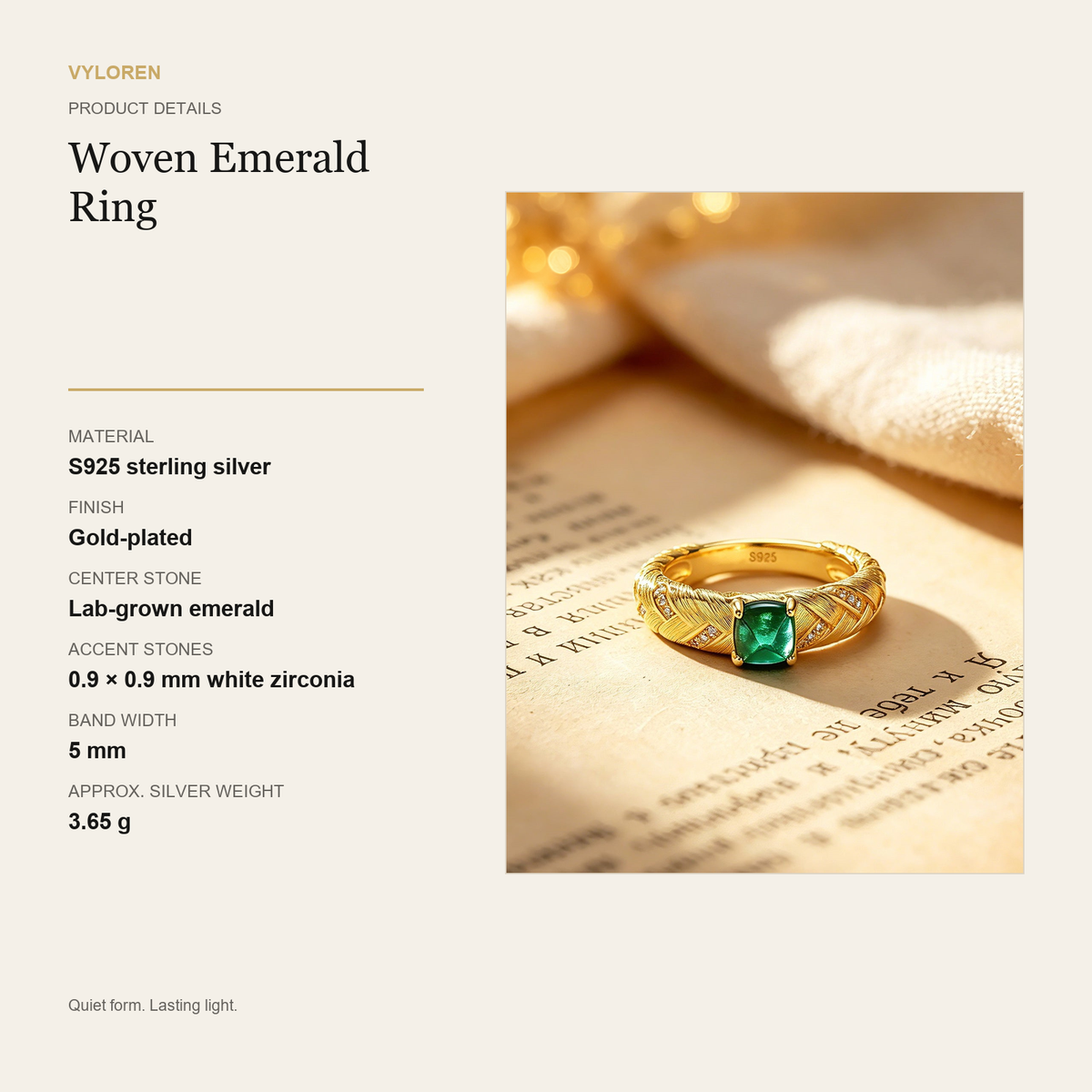 VYLOREN Woven Emerald Ring product details card