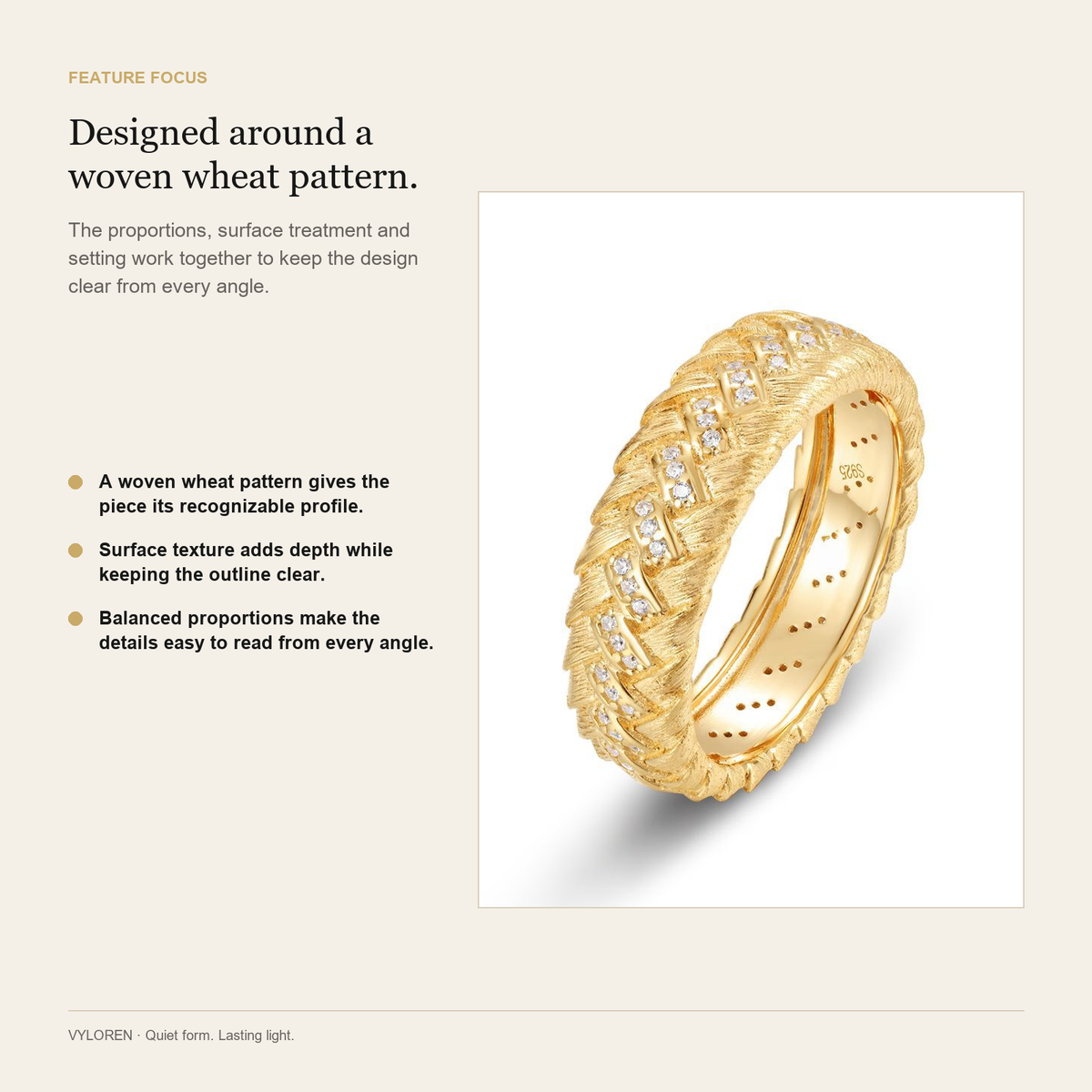 VYLOREN Wheat Braid Brushed Pavé Ring feature focus card
