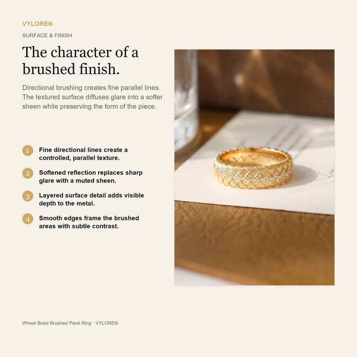 VYLOREN Wheat Braid Brushed Pavé Ring brushed finish card