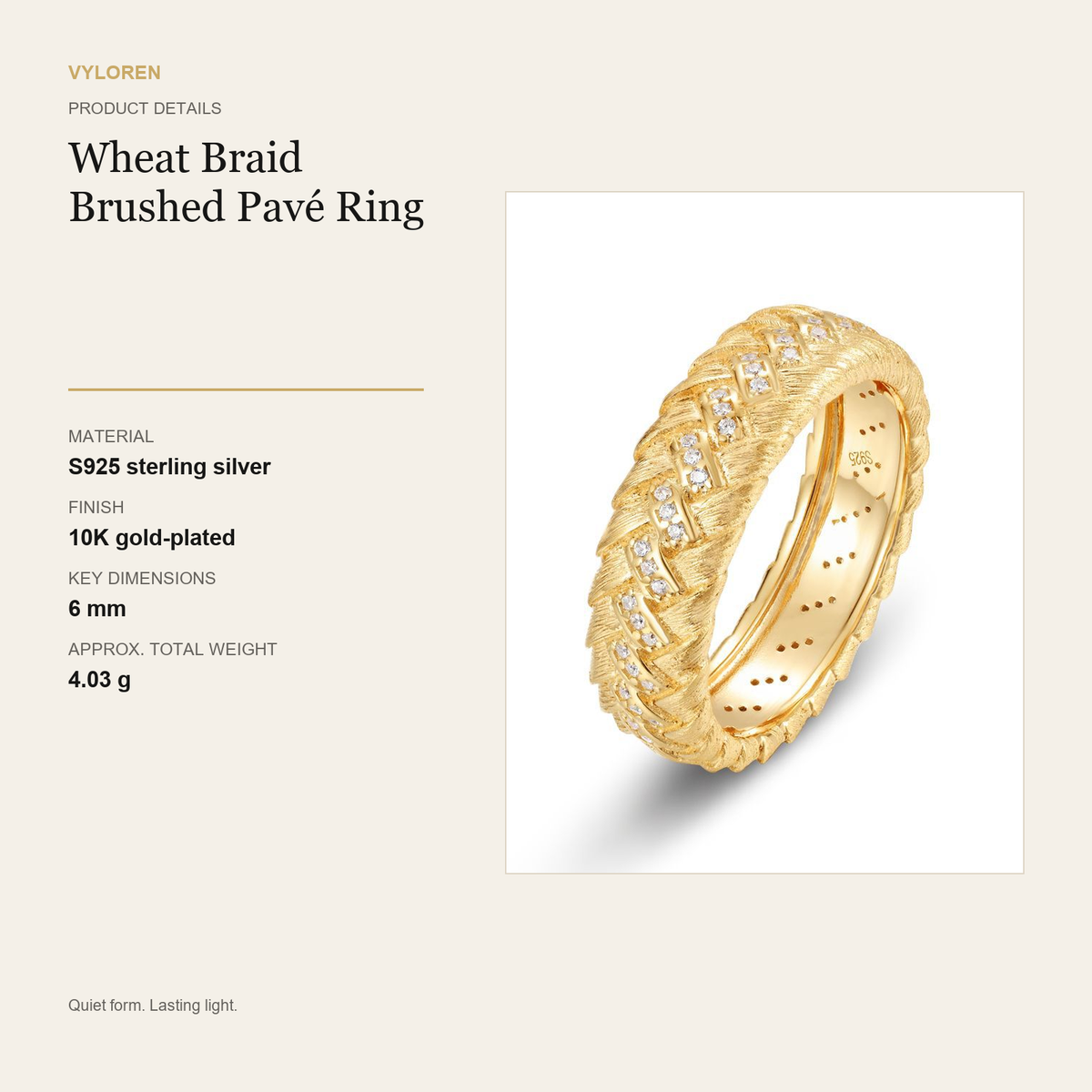 VYLOREN Wheat Braid Brushed Pavé Ring product details card