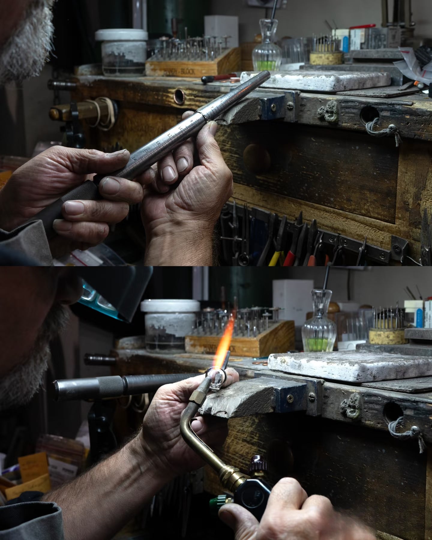 A jeweler shaping a ring on a mandrel and soldering it at the workbench